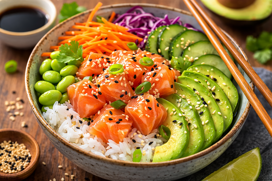 Poke bowl au saumon avec riz, avocat, légumes frais et graines de sésame dans un bol coloré.