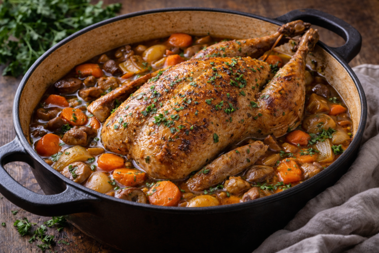 Pintade mijotée dans une cocotte en fonte avec légumes et sauce parfumée.