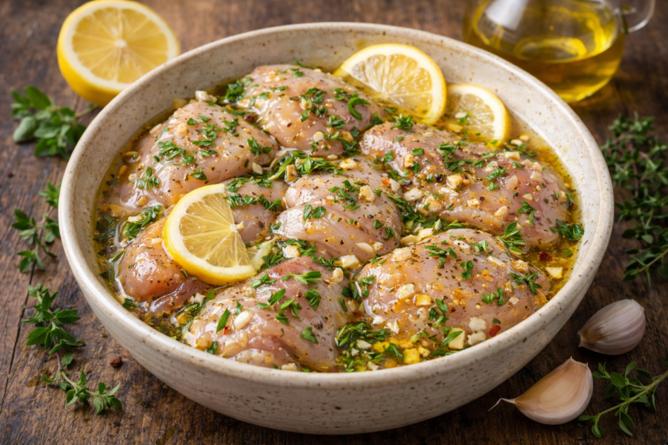 Poulet cru en train de mariner dans un bol avec huile d’olive, citron, ail et herbes fraîches.