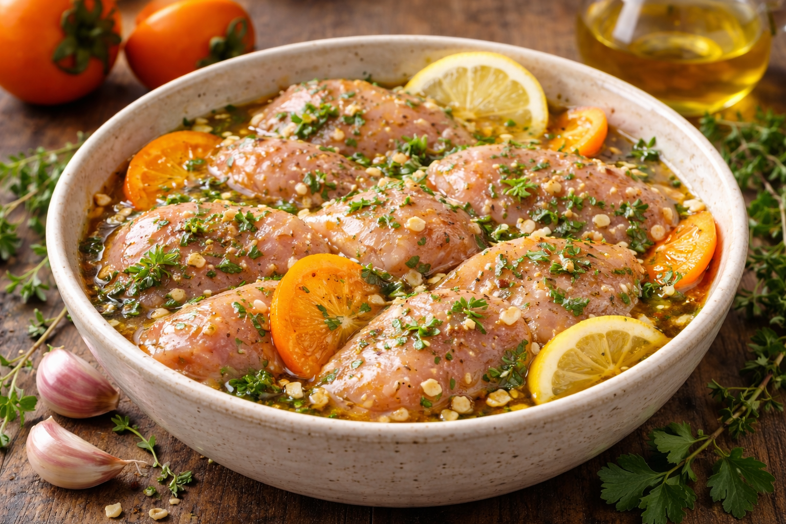 Morceaux de poulet crus en train de mariner dans un bol avec vinaigre fruité, ail et herbes fraîches.