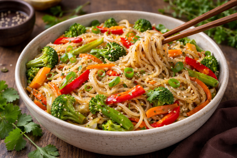 Bol de nouilles de riz sautées avec légumes colorés et herbes fraîches dans un plat inspiré de la cuisine asiatique.