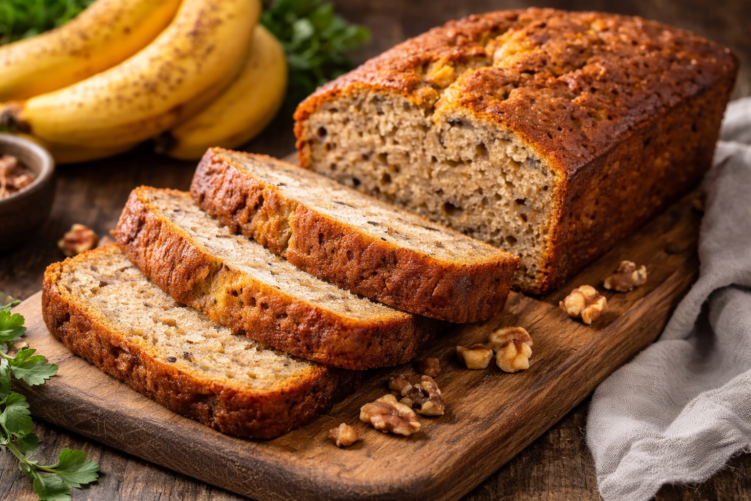 Tranches de pain à la banane moelleux sur une planche en bois avec bananes mûres et texture dorée du gâteau.
