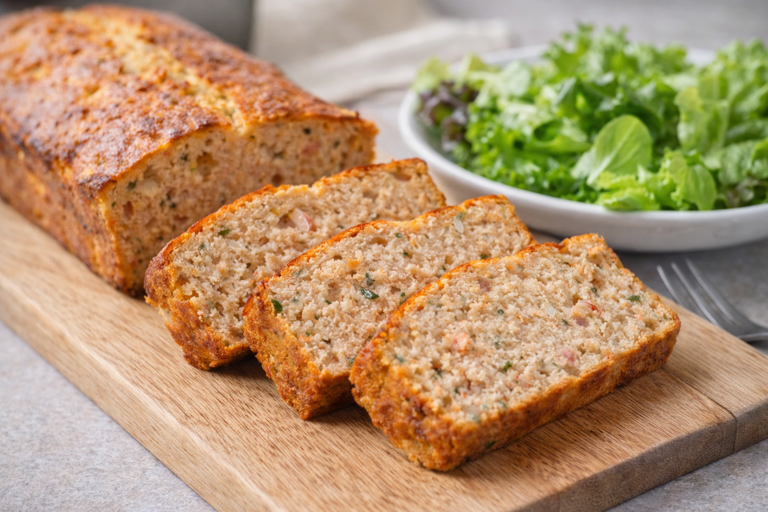 tranches de pain de thon maison servies sur une planche en bois avec une salade fraîche.