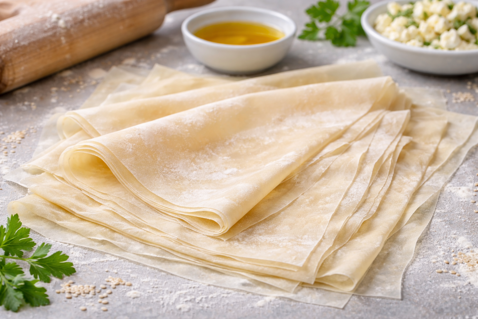 feuilles de pâte filo maison très fines étalées sur un plan de travail prêtes à être utilisées pour une recette méditerranéenne.