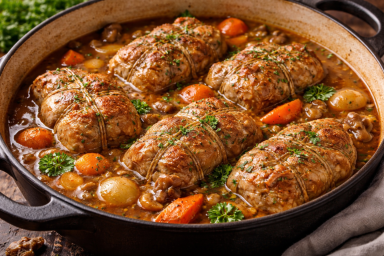 Paupiettes de veau mijotées en sauce dans une cocotte avec légumes fondants.