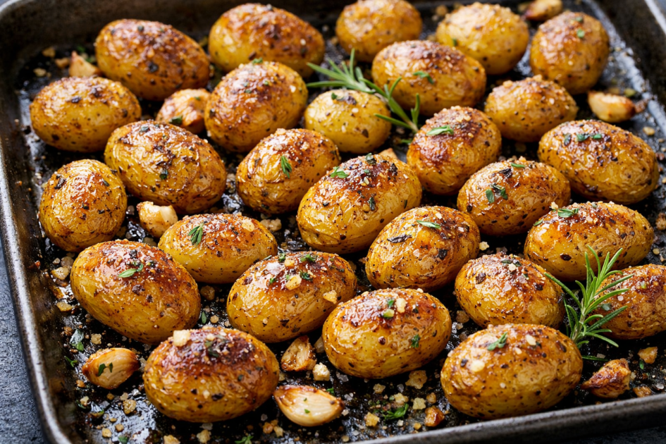 Pommes de terre grenailles rôties au four avec herbes et ail, dorées et croustillantes sur une plaque de cuisson.