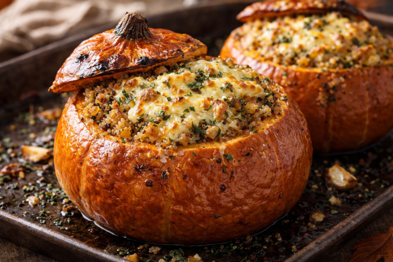 Potimarron entier farci et rôti au four avec une garniture au fromage et aux herbes, doré et fondant, servi chaud.