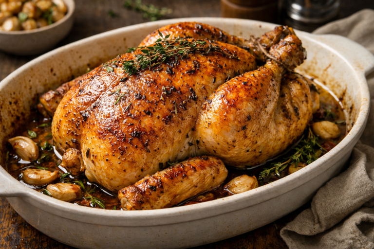 Poularde entière rôtie au four avec peau dorée et croustillante, assaisonnée aux herbes, servie dans un plat avec son jus de cuisson.