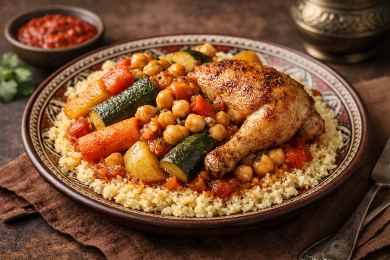 Plat de couscous au poulet avec semoule, légumes et pois chiches, servi chaud dans une assiette traditionnelle.