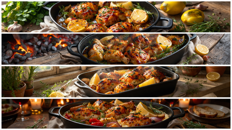 Poulet mariné maison doré au four dans un plat en fonte avec herbes et citron