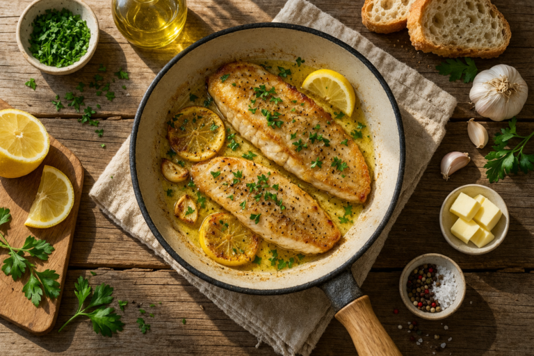 Image suggérée Dimensions : 1200 × 630 px Prompt IA : "Flat lay of cooked roussette fish fillets in a pan with butter, lemon slices, garlic and parsley, warm natural lighting, rustic wooden table, food photography style" Nom de fichier : roussette-recette-facile.webp Texte ALT : "Roussette recette maison facile poêlée au beurre et citron"
