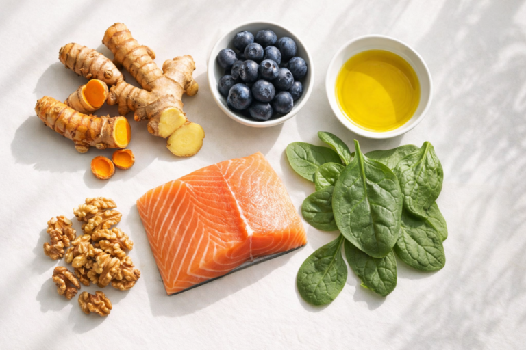 Ingrédients anti-inflammatoires disposés sur une surface blanche : curcuma, gingembre, myrtilles, saumon et huile d'olive