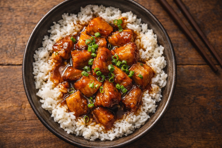 Porc au caramel maison servi sur riz blanc avec sauce dorée et oignons verts
