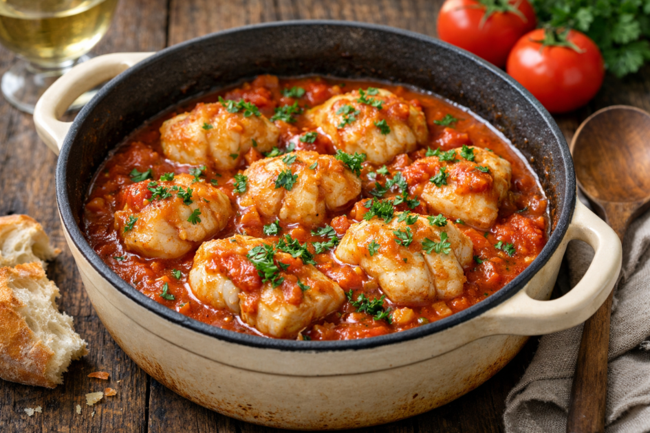 Lotte à l’armoricaine traditionnelle servie en cocotte avec sauce tomate et persil frais.