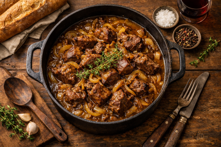 Bœuf aux oignons mijoté dans une cocotte en fonte avec une sauce dorée et caramélisée