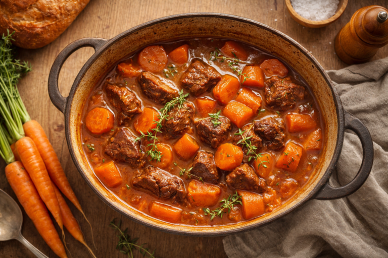 Bœuf carottes traditionnel mijoté dans une cocotte en fonte, sauce dorée et carottes fondantes