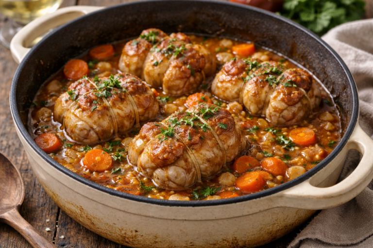 Paupiette de porc traditionnelle en cocotte avec sauce mijotée et légumes fondants.