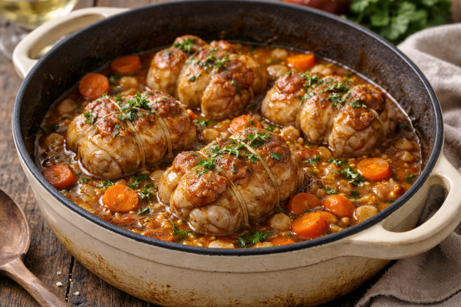 Paupiette de porc traditionnelle en cocotte avec sauce mijotée et légumes fondants.