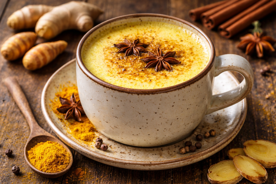 Lait d’or maison au curcuma servi dans une tasse avec mousse légère et épices.