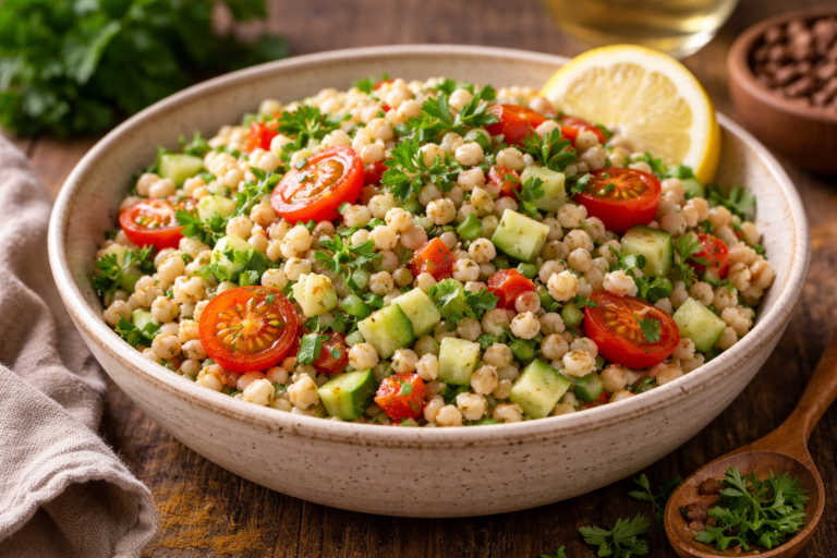 Grains de larme de Job cuits servis dans un bol avec légumes et herbes fraîches.