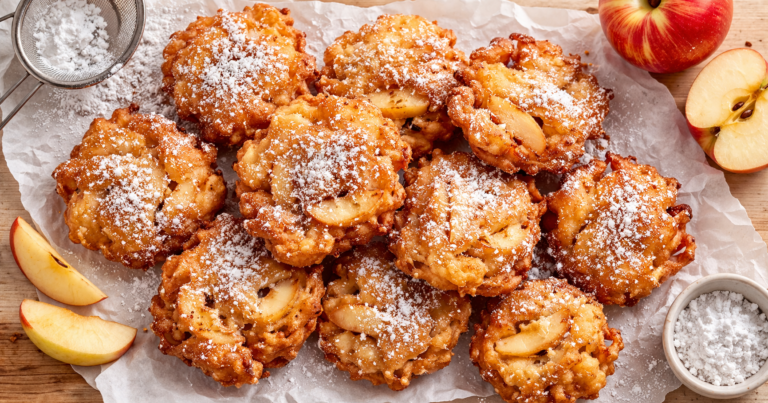Beignets aux pommes traditionnels dorés et croustillants saupoudrés de sucre glace