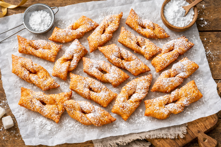 Bugnes lyonnaises moelleuses saupoudrées de sucre glace sur papier cuisson