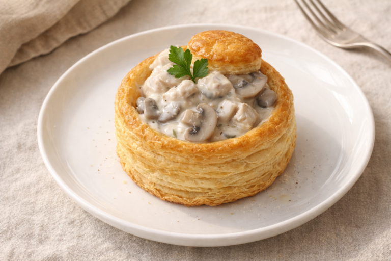 Bouchée à la reine traditionnelle garnie d'une sauce crémeuse à la volaille et aux champignons