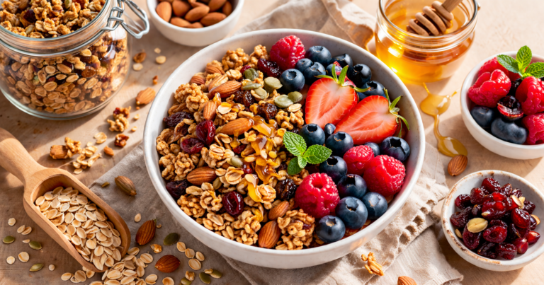 Dimensions : 1200 × 630 px Prompt IA : "Flat lay of homemade granola clusters in a white ceramic bowl with dried fruits, almonds and honey drizzle, fresh berries on the side, warm natural morning light, healthy breakfast food photography style" Nom de fichier : granola-maison-recette-croustillante.webp Texte ALT : Granola maison croustillant dans un bol blanc avec fruits secs et miel