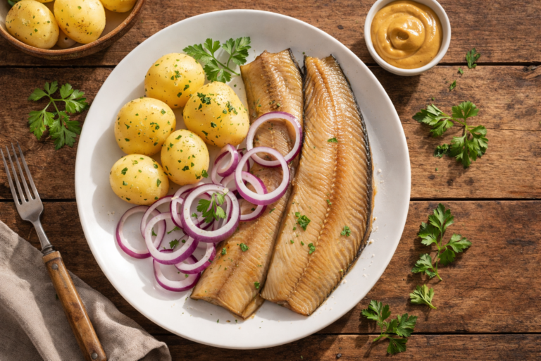 Hareng fumé servi avec des pommes de terre et oignon rouge sur une assiette blanche