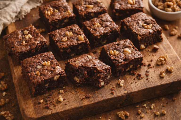 Brownies aux noix maison fondants et gourmands coupés en carrés sur une planche en bois