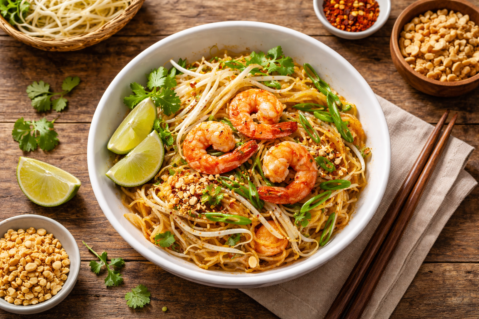 Pad thaï aux crevettes authentique servi dans un bol blanc avec cacahuètes, pousses de soja et citron vert
