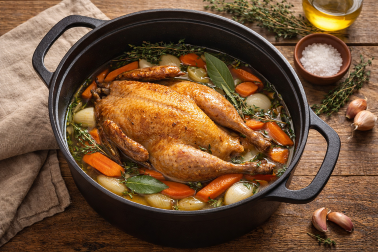 Pintade en cocotte dorée avec légumes et herbes aromatiques dans une cocotte en fonte