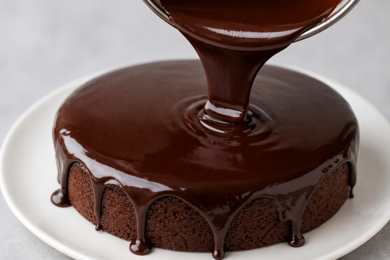 Glaçage au chocolat brillant versé sur un gâteau