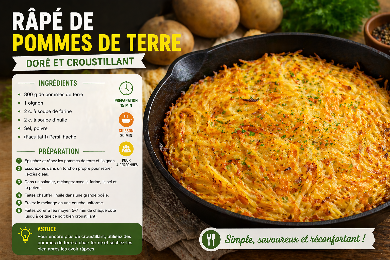 Râpé de pommes de terre doré et croustillant servi dans une poêle en fonte