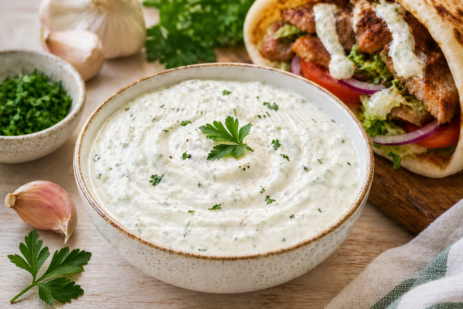 Sauce kebab blanche crémeuse dans un bol avec des herbes fraîches