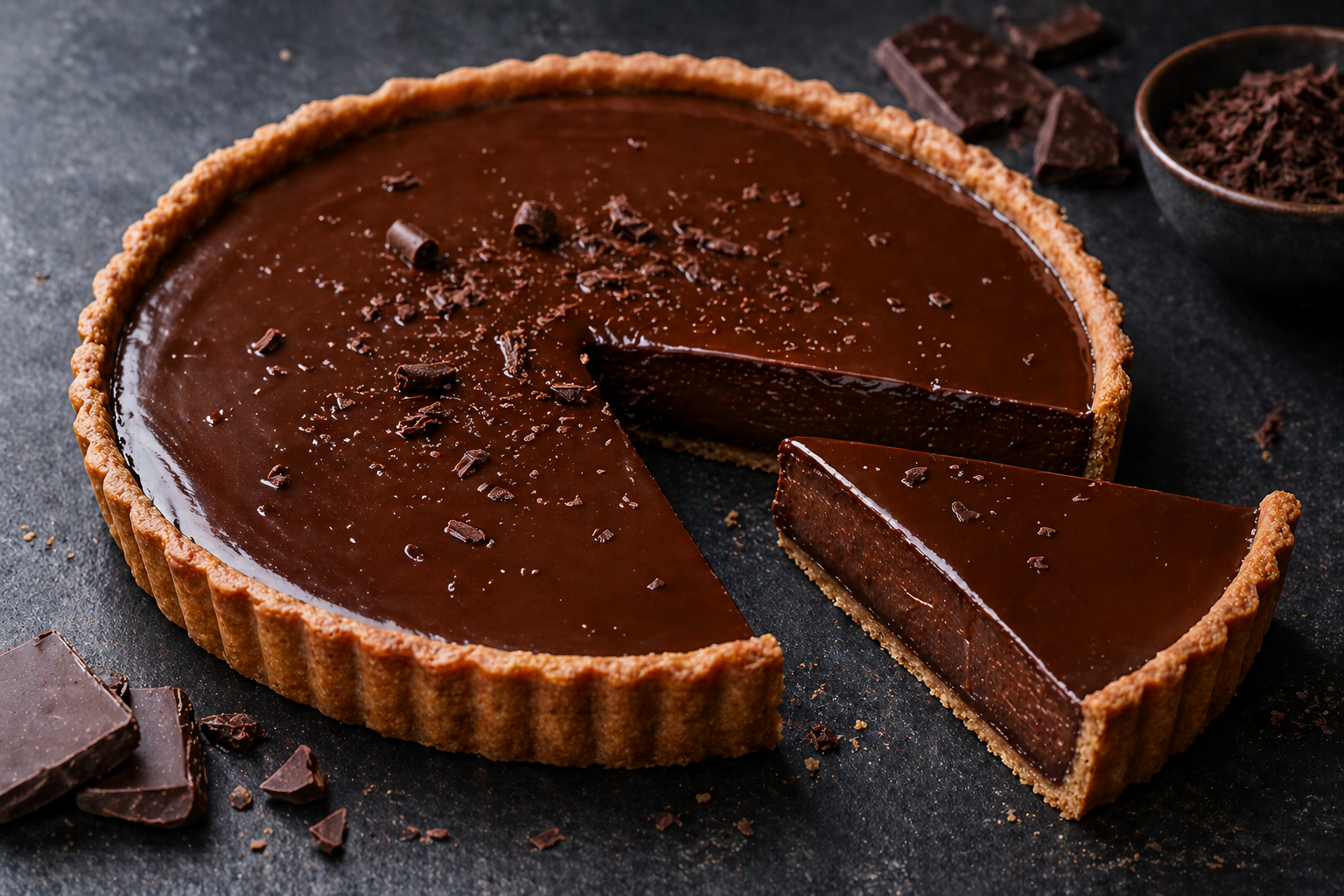 Tarte au chocolat fondante coupée en part sur fond sombre, texture brillante de la ganache visible