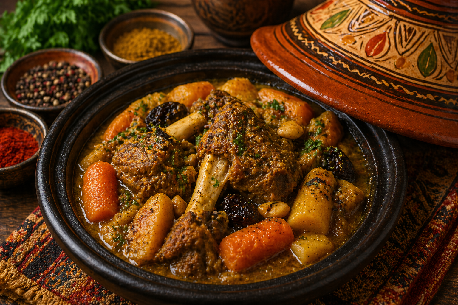 Tajine d'agneau traditionnel mijotant dans une cocotte en fonte avec légumes et épices