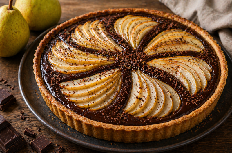 Tarte au chocolat et poire fondante avec poires en éventail sur ganache brillante