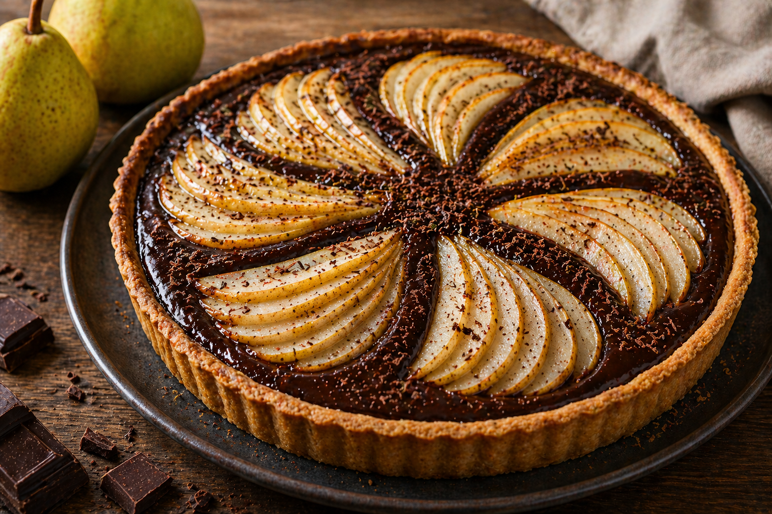 Tarte au chocolat et poire fondante avec poires en éventail sur ganache brillante