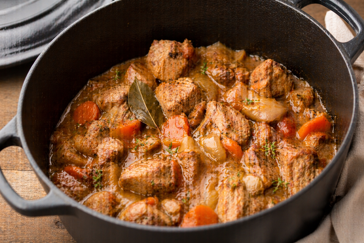 Sauté de porc mijoté en sauce dans une cocotte en fonte avec légumes