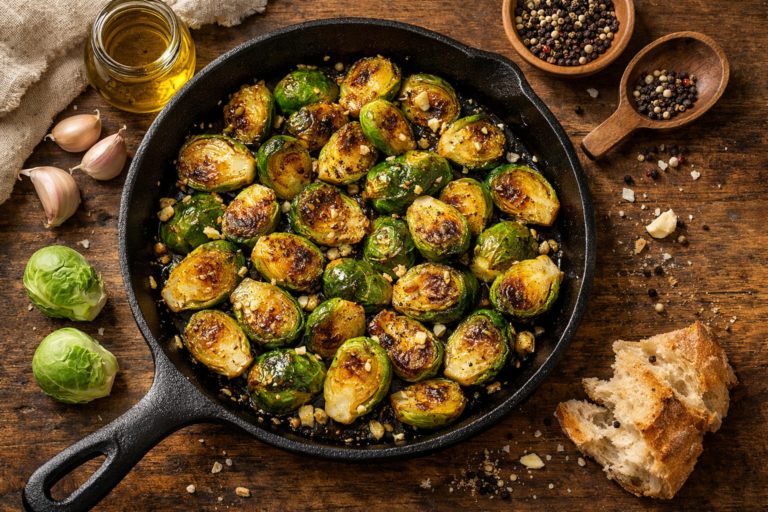 Choux de Bruxelles dorés et caramélisés cuits à la poêle avec de l'ail et de l'huile d'olive