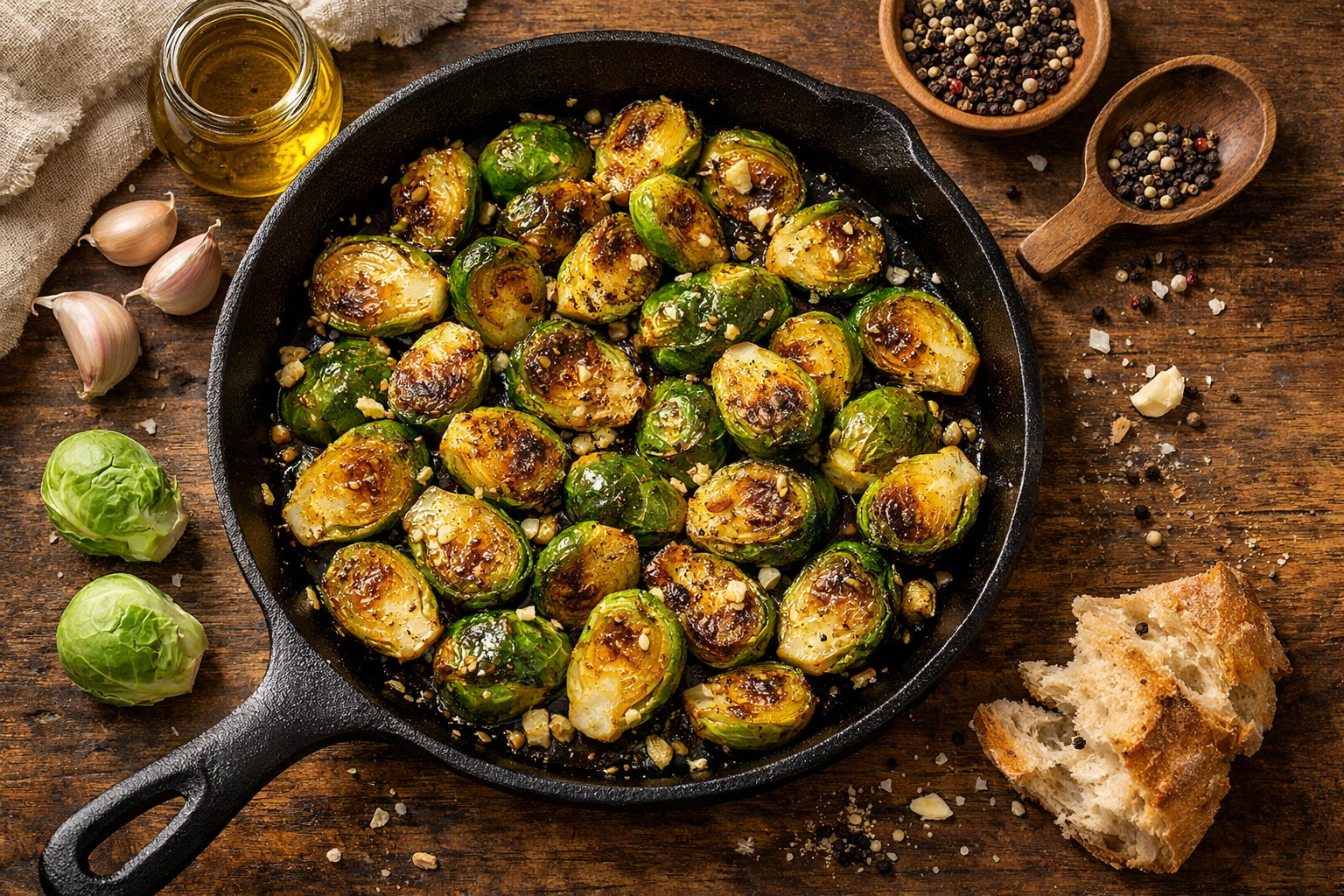 Choux de Bruxelles dorés et caramélisés cuits à la poêle avec de l'ail et de l'huile d'olive