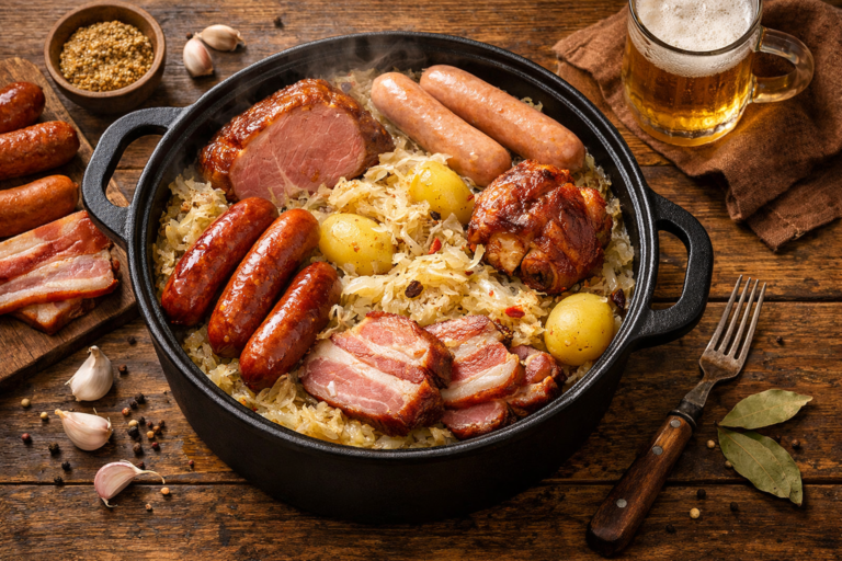 Choucroute alsacienne traditionnelle avec saucisses et charcuteries fumées dans une cocotte en fonte