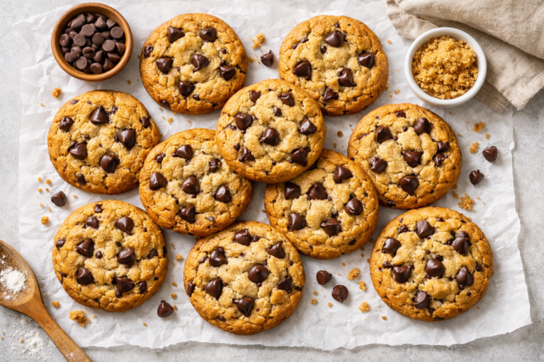 Cookies sans œuf maison moelleux aux pépites de chocolat sur papier cuisson