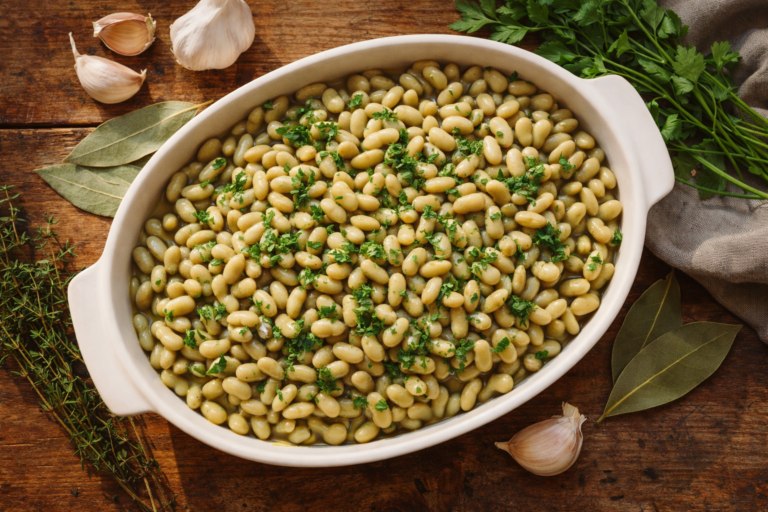 Flageolets cuisinés en accompagnement avec persil frais et herbes aromatiques dans un plat en céramique blanche