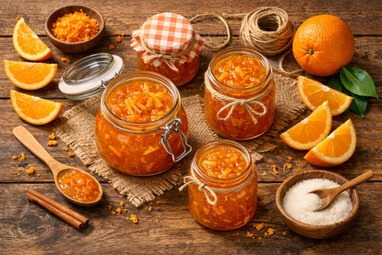 Confiture d'orange maison à l'ancienne dans des pots en verre avec des tranches d'oranges fraîches