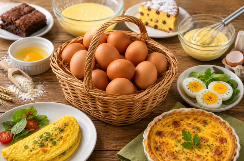 Panier d'œufs frais avec différentes préparations culinaires autour