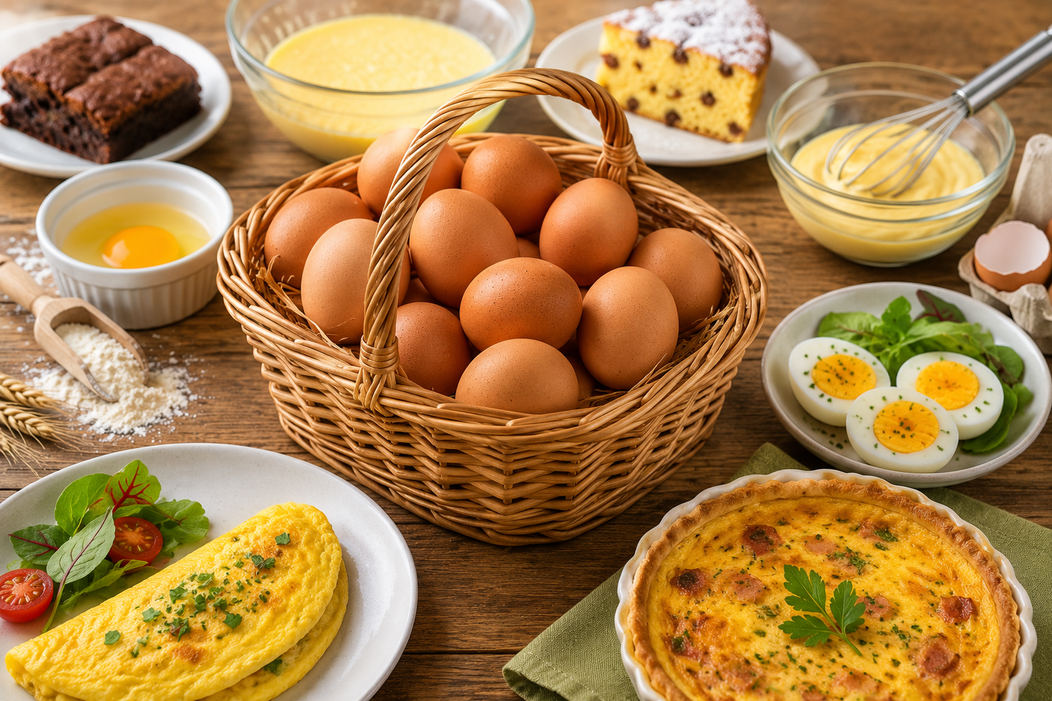 Panier d'œufs frais avec différentes préparations culinaires autour