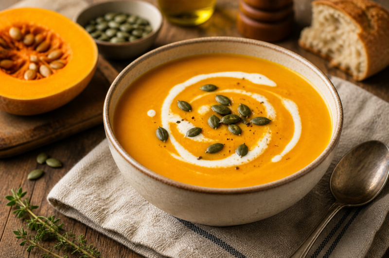 Soupe au potiron onctueuse servie dans un bol avec un filet de crème et des graines de courge
