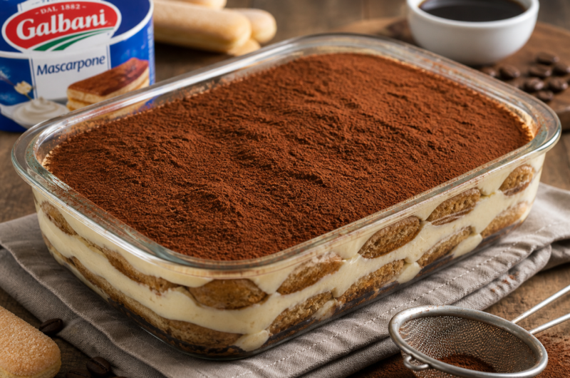 Tiramisu Galbani saupoudré de cacao amer dans un plat en verre
